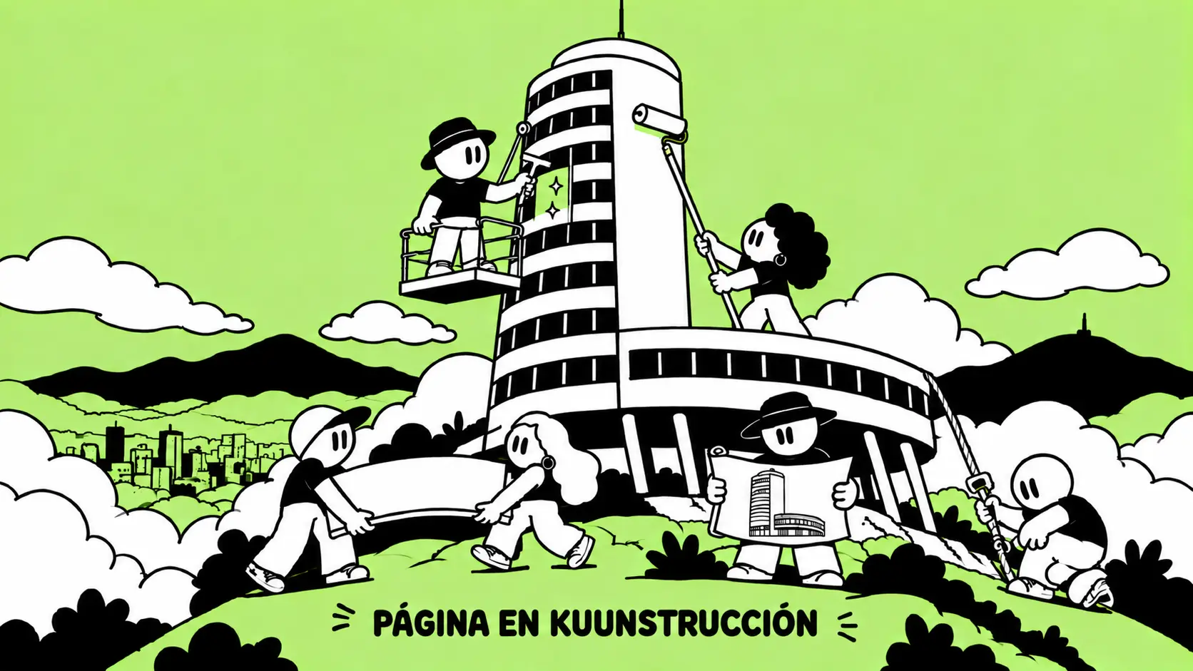 Página en Kuunstrucción: los personajes de Kuumi levantan una torre sobre Caracas